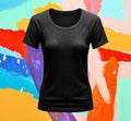 Tshirt Black Woman, Template Shirt Front Back Isolated Blank Female Mockup, Textile Realistic Clothes with Colorful Royalty Free Stock Photo