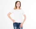 Tshirt design, people concept - closeup of woman in white shirt, front isolated. Mock up template for design print Royalty Free Stock Photo