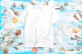 Tshirt mockup flat lay Sea shells blue wooden background