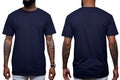 Tshirt mockup template, front and back view. Black man wearing blank tshirt, Male model wearing a dark navy blue color solid t- Royalty Free Stock Photo