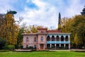 Tsinandali, Georgia - November 4, 2018: Two-story mansion with a white openwork terrace. Chavchavadze House Museum, Tsinandali