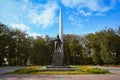 Tsiolkovsky statue with a rocket on Kaluga city square