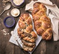 Tsoureki braid, greek easter sweet bread, on wood Royalty Free Stock Photo