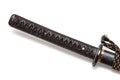Tsuka: Handle of Japanese sword isolated in white background. Black rayskin and brown leather cord with steel fitting