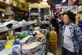 Tsukiji, Tokyo, Japan - September 27, 2020 : one senior japanese woman and many tourists are shopping ceramic dishware in