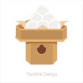 Tsukimi Dango mochi. Traditional japanese sweet chewy rice dumpling displayed on wooden tray.