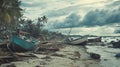 Tsunami aftermath in tropical beach area reflecting destruction and resilience Royalty Free Stock Photo