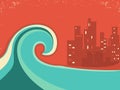 Tsunami and big city in the night.Huge wave poster Royalty Free Stock Photo