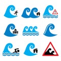 Tsunami, big wave warning, natural disaster icons set - global warning, nature concept Royalty Free Stock Photo