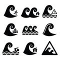 Tsunami, big wave warning, neutral disaster icons set