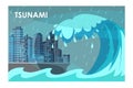 Tsunami covering city buildings flat illustration