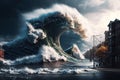 A tsunami covering the city with a giant wave. Generative AI illustration.