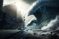 A tsunami covering the city with a giant wave. Generative AI illustration.