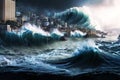 A tsunami covering the city with a giant wave. Generative AI illustration.