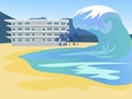 Tsunami covers the city. Global flood. In minimalist style Cartoon flat raster