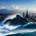 tsunami destroying a city