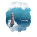 Tsunami digital art illustration of natural disaster. Lighthouse suffer from strong waves in sea or ocean. Damage caused