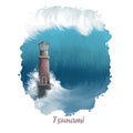 Tsunami digital art illustration of natural disaster. Lighthouse suffer from strong waves in sea or ocean. Damage caused