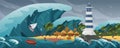 Tsunami flat cartoon seascape panoramic landscape vector illustration background. Panorama of Horrific natural disaster Royalty Free Stock Photo