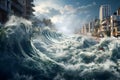 Tsunami, flood, wave covers the city and destroys. Generated AI