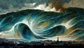 tsunami in front of a city, force of nature illustration, ai generated image