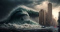 Tsunami hits city, giant sea waves attack buildings, generative AI Royalty Free Stock Photo