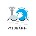 Tsunami icon with text in simple flat style. Sea wave and tropical island with palm tree. Natural disaster. Flat vector Royalty Free Stock Photo