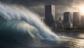 A tsunami illustration, representing the fear and the danger of water. The wave is dark and gray,