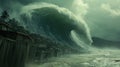 Tsunami Impact: A massive tsunami wave crashes ashore, engulfing everything in its path, with devastating consequences. Royalty Free Stock Photo