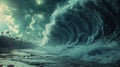 Tsunami Impact: A massive tsunami wave crashes ashore, engulfing everything in its path, with devastating consequences. Royalty Free Stock Photo