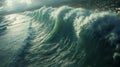 Tsunami Impact: A massive tsunami wave crashes ashore, engulfing everything in its path, with devastating consequences. Royalty Free Stock Photo