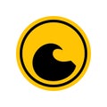 Tsunami sign. Black danger icon on yellow round symbol. Vector illustration of tsunami disaster. Hazard symbol