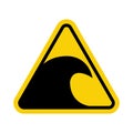 Tsunami sign. Tsunami warning sign. Yellow triangular sign with a tsunami wave icon inside. Beware of big waves. Risk of drowning