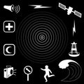 Tsunami Symbols and Icons, White on Black Background Royalty Free Stock Photo