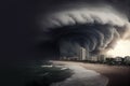 tsunami tidal wave crashing a coastal town. Royalty Free Stock Photo