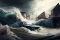 Tsunami tidal wave pushing cars out of the way. Disaster Motor Vehicle Insurance. Generative AI. Royalty Free Stock Photo