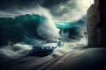 Tsunami tidal wave pushing cars out of the way. Disaster Motor Vehicle Insurance. Generative AI.