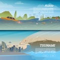 Tsunami on tropical beach. Big waves and ocean surface. Landscape Flood and Disaster. City on seashore. Summer vacation