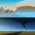 Tsunami and Twisting tornado or storm from. Big waves and ocean surface. Landscape Flood and Disaster. Summer vacation