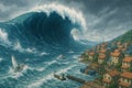 Massive Tsunami Wave-AI generated Royalty Free Stock Photo