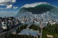 Tsunami wave apocalyptic water view urban flood Storm. 3D illustration