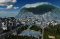 Tsunami wave apocalyptic water view urban flood Storm. 3D illustration Royalty Free Stock Photo