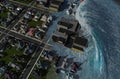 Tsunami wave apocalyptic water view urban flood Storm. 3D illustration Royalty Free Stock Photo