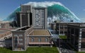 Tsunami wave apocalyptic water view urban flood Storm. 3D illustration