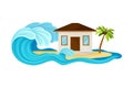 Tsunami Wave Approaching Residential House Standing on Beach Vector Illustration