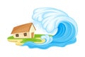 Tsunami Wave Battering Upon the House as Natural Cataclysm Vector Illustration