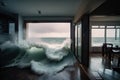 tsunami wave crashes into beach house, flooding the interior