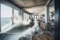 tsunami wave crashes into beach house, flooding the interior