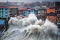 tsunami wave crashes into coastal city, flooding streets and destroying buildings
