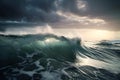tsunami wave rolling over serene water, with dramatic skies in the background Royalty Free Stock Photo